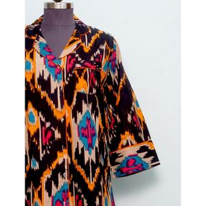 Luxury Indian Cotton Digital Printed ikat Pattern Evening Bridal V-Neck 3/4Sleeve Midi long shirt <b>Dress</b> for Women Eco-Friendly - Product Image 2