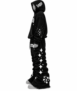 Black Studded Hoodie Set <b>Y2K</b> Oversized Sweatshirt Sweatpants Tracksuit Unisex <b>Streetwear</b> Winter Polyester/Cotton Fleece - Product Image 2