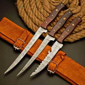Damascus Steel <b>Knife</b> <b>Set</b> 3-Piece Wood Handle Fillet <b>Knives</b> Polished Blade Straight Edge Ambidextrous Kitchen Cutlery - Product Image 1
