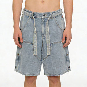 Light Wash Denim Shorts <b>Men</b> Wide Leg Baggy Summer <b>Jeans</b> with Belt Side Button - Product Image 2