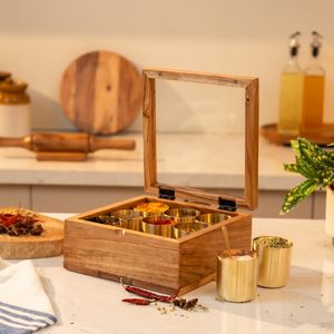 Boîte à masala en bois et laiton avec 9 récipients en laiton |   Bols à épices en laiton de 150 ml |   Boîte à épices en bois artisanale | - Product Image 1