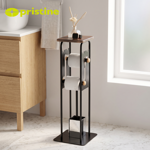 Porte-papier toilette moderne sur pied avec dessus en bois et design à niveaux pour salle de bain - Product Image 5