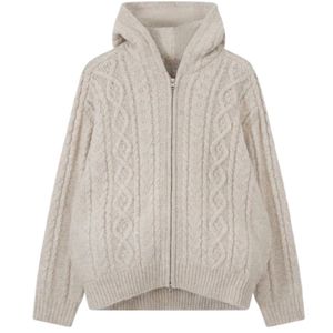 Sudadera con capucha de punto trenzado y cremallera, color piedra, suave y cálida, con capucha ajustable, perfecta para uso casual. - Product Image 1