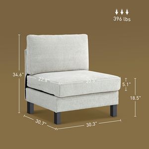 Poltrona Moderna Bianco Crema con Cuscino Spesso in Tessuto, Modulo Centrale per Divano Componibile da Soggiorno - Product Image 3