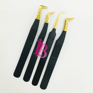 <b>Top</b> Trend Sustainable Stainless Steel Eyelash Extensions Tweezers Black Golden Tip Tweezers 90 Degree Eyelash Tweezers - Product Image 2