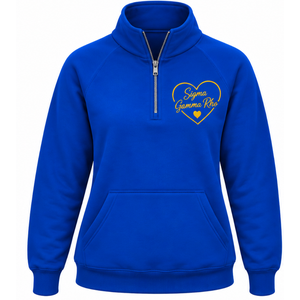 Sudadera universitaria de mujer Sigma Gamma Rho con media cremallera, azul real, personalizada, estilo universitario informal - Product Image 1