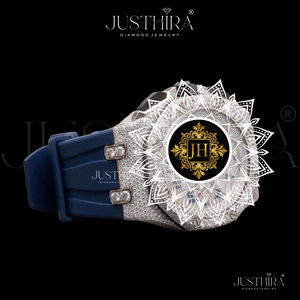 Montre élégante de luxe pour homme, style hip-hop, avec diamants, boîtier en acier inoxydable plaqué argent massif, bracelet en caoutchouc bleu, mouvement à quartz - Product Image 2