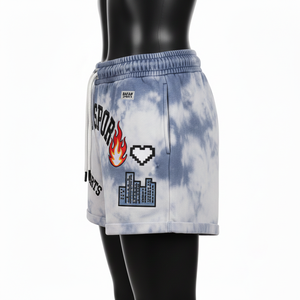 Shorts en molleton de coton premium 320 GSM gris bleu délavé, tissu doux avec logo brodé en chenille personnalisé, shorts pour femmes - Product Image 3