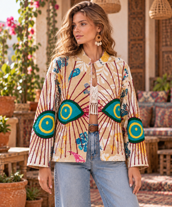 Chaqueta Suzani Kantha de Algodón Hecha a Mano, Abrigo Boho Floral para Mujer, Patrón de Ojos Bordado, Frente Abierto - Product Image 1