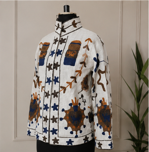 Traditional Suzani Embroidered Cotton <b>Jacket</b> Rust Navy <b>Star</b> Urns Motif Geometric Boho Coat Jaipuri Handmade Artisan Festival - Product Image 5