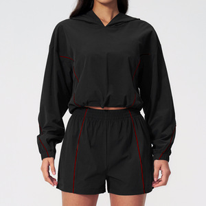 Conjunto Deportivo Ligero para Mujer, Sudadera Corta de Manga Larga Informal, Pantalones Cortos de Cintura Alta para Correr, UPF 50+ - Product Image 4