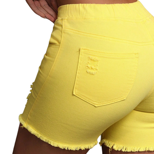 Women's Casual Yellow Denim Shorts Mid <b>Waist</b> Skinny Fit <b>Elastic</b> Drawstring Ripped Distressed Raw Hem Quick Dry Breathable - Product Image 4