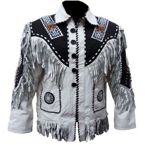 Men's Western <b>Leather</b> <b>Jacket</b> With Fringe And Embroidery Vintage Style Turn-down Collar Regular Fit Autum - Product Image 1