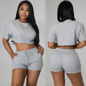 Women's 2 Piece Cropped T Shirt and Shorts <b>Set</b> Solid Color Knit 100% Cotton Breathable for Outfit Casual Wear with Pockets - Product Image 5