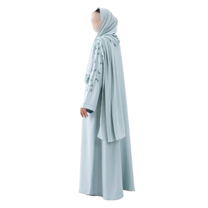 Women Light Blue Abaya With Embroidery Long Sleeve Floor Length Modest Dress Middle East Style Daily Wear Polyester <b>Material</b> - Product Image 2