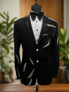 Luxury Men Blazer <b>Jacket</b> Cotton Metallic Bugle Bead Vinework Trending Embroidery Black Fabric Rectangular Shape Party Outerwear - Product Image 3