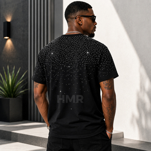Camiseta de Manga Corta para Hombre HMR Brotherhood, Negra con Estampado de Puntos de Diamantes de Imitación, Corte Regular, Estilo Urbano, Cuello Redondo, Algodón Jersey, Hip Hop - Product Image 4