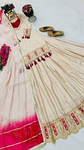 <b>Women</b> Cream Orgnezza Silk Anarkali <b>Suit</b> Set with Pink Blouse Dupatta Tassel Floor Length Ethnic Traditional Wear Quick Dry - Product Image 5