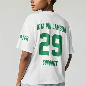 Camiseta Iota Phi Lambda blanca y verde con cuello redondo, estampado personalizado del capítulo, camiseta de manga corta de inspiración griega para mujer, ajuste unisex - Product Image 2
