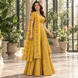 Designer Georgette Lehenga Choli in Mustard Gold with Zari Thread Work | Floral Embroidered Wedding Party Set with <b>Net</b> <b>Dupatta</b> - Product Image 3