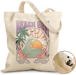 Bolsa de Lona Tipo Tote con Estampado de Palmeras y Olas, Correa para el Hombro, Bolsillo Interior, Bolsa de Compras Reutilizable, Bolsa de Playa - Product Image 1
