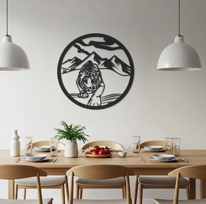 Arte Metálico Circular de Moradabad, Decoración de Pared con Escena de Tigre en la Montaña, Negro, Hecho a Mano, con Recubrimiento en Polvo, Decoración Moderna para el Hogar, Estilo Rústico - Product Image 5