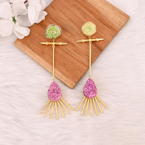 Boucles d'oreilles pendantes élégantes en pierres Druzy solaires et Druzy roses, plaquées or, bijoux en laiton faits à la main pour femmes - Product Image 2