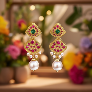 Trendy Vintage Gold Plated Drop Earrings with Pearl Ruby Diamond for Party & Gift - Product Image 3