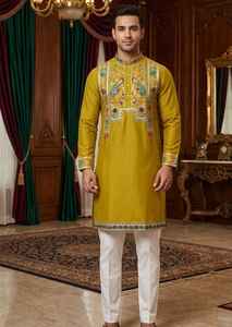Conjunto de Kurta y Pijama Bordado en Seda Real para Hombre |   Ropa Étnica de Diseño para Bodas y Festivales - Product Image 3