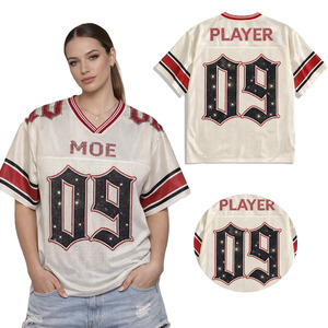 Maillot de football américain personnalisé en strass pour femme, coupe oversize, blanc, en maille, col en V, scintillant, brillant, streetwear d'équipe, OEM/ODM - Product Image 1
