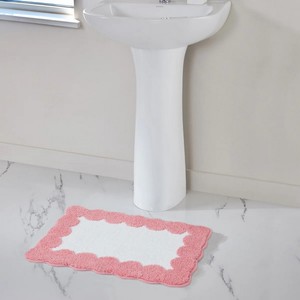 Pink Scalloped Edge <b>Bath</b> Mat Cotton Tufted Non-Slip Rectangle Classic Style Home Use Pattern Woven Latex Backed <b>Pet</b> Friendly - Product Image 2
