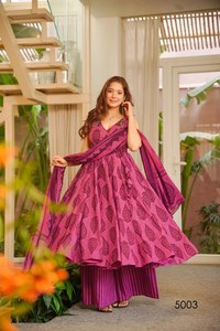Robe Anarkali rose imprimée pour femme, longueur ras du sol, style traditionnel indien et pakistanais, en coton, décontractée, coupe ample - Product Image 2