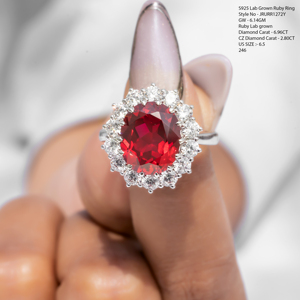 Anillo de Plata de Ley S925 con Granate Cultivado en Laboratorio, Granate Ovalado, Diamante CZ Redondo, Doble Halo, Anillo para Mujer, Talla Estadounidense 6, JR106Y - Product Image 6