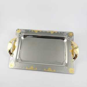 Plateau de service rectangulaire moderne en acier inoxydable argenté, motif texturé soleil éclatant, plateau de table basse pour boissons - Product Image 5