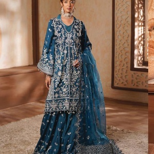Conjunto de Salwar Kameez de Seda Azul Bordado para Mujer, con Dupatta, Vestido Tradicional Indio Pakistaní para Boda, Largo Regular, Sin Arrugas - Product Image 1