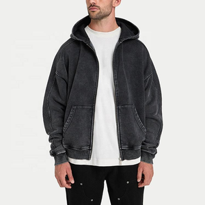 Sweat à capuche zippé noir pour homme 100 % coton, coupe oversize, décontracté, pour l'automne, couleur unie délavée à l'acide - Product Image 1