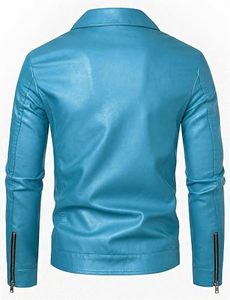 Veste en cuir PU turquoise pour homme, style motard, col rabattu, fermeture éclair, coupe ajustée, longueur normale, couleur unie - Product Image 3