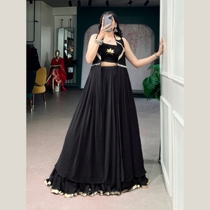 Black Embroidered Net Lotus Handwork Fully Stitched Premium Lehenga Set With Elegant Long <b>Jacket</b> By Wholesale Rate Royal Export - Product Image 1