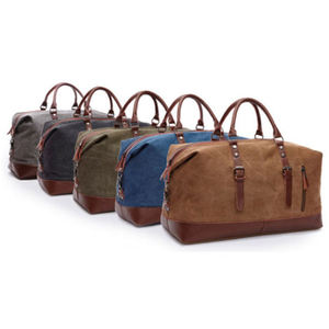 Blue Canvas Travel Duffel Bag With Brown Leather Trim And Adjustable Straps Fashionable Durability Feature - Product Image 6