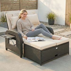Lettino da giorno in rattan per patio con pouf contenitore e schienale regolabile, beige - Product Image 2