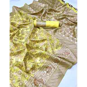 DESIGNER SOIE CUIVRE ZARI TISSER TRAVAIL SAREE AVEC CHEMISIER NON COUDU JAUNE - Product Image 1