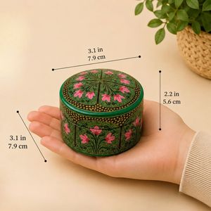 Boîte à trésors ronde en papier mâché de Kasmir, motif tulipe rose, arche à pois noirs, peinte à la main, cadeau artisanal indien - Product Image 1