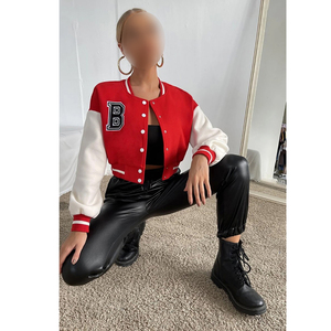 Customized Made <b>Red</b> White Letter B Varsity Jacket Full Sleeve Turn Down Collar Short Length Autumn Wear Women's Jackets - Product Image 1