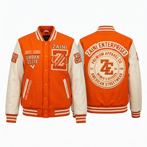 Chaqueta Varsity ZAINI ZE-551 de Primera Calidad, 400 GSM, Mezcla de Lana, Resistente al Viento, Estilo Urbano, Naranja con Mangas en Contraste Blancas y Tejido de Punto Acanalado - Product Image 1