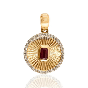18K Solid Gold <b>Ruby</b> Halo Diamond Striped Medallion Coin Pendant - Product Image 2