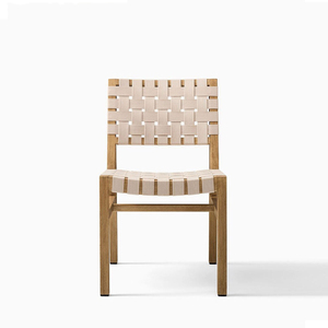 Silla de comedor escandinava de madera beige con correa de algodón tejida, sin respaldo, diseño moderno, muebles de comedor para exteriores - Product Image 1