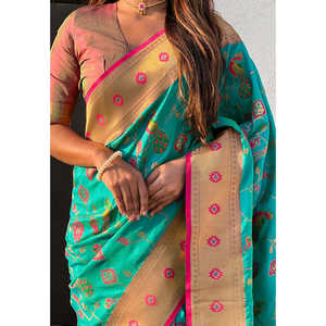 Sari en soie Paithani bleu Firozi, tissé avec des fils de zari, vêtements indiens et pakistanais - Product Image 3