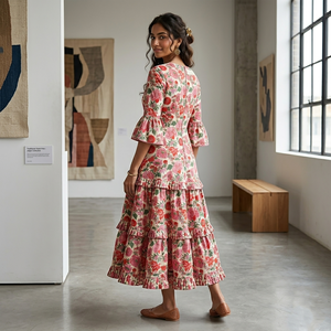 Tela 100% algodón con estampado a mano de Jaipur, estilo años 60, con motivos florales, textil indio hecho a mano para la fabricación de ropa de boutique. - Product Image 2