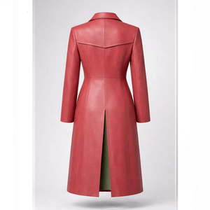 Elegante Gabardina Roja con Forro Verde Suave, Corte Minimalista, Abrigo Largo de Cuero - Product Image 4