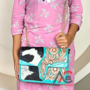 Custom Handmade Hair On Genuine Cowhide Leather Crossbody Bag Western Floral Design Tooled Luxury Women's Messenger Handbag - Product Image 1